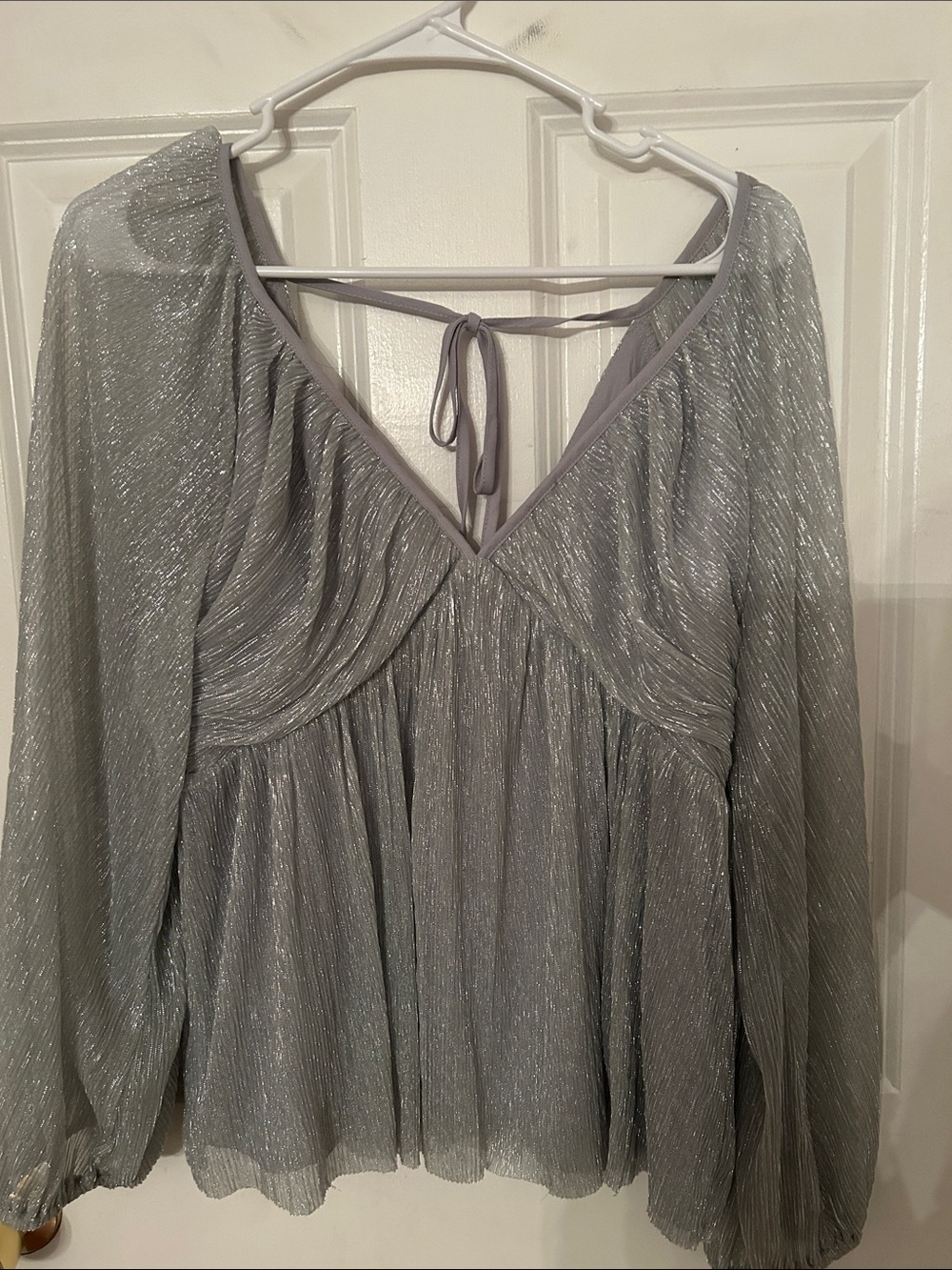 Express Silver Metallic Pleated V-Neck Blouse